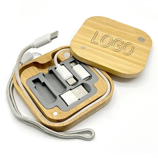 Square Bamboo 4 in 1 Multi-Charging Cable box Connector