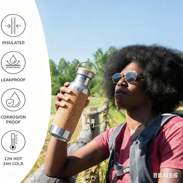 Wide-Mouth Insulated Sports Bottle With Cork Fabric Sleeve