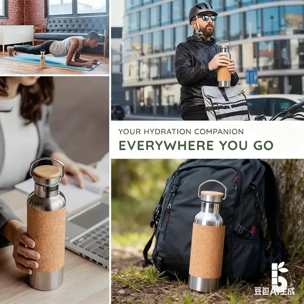 Wide-Mouth Insulated Sports Bottle With Cork Fabric Sleeve