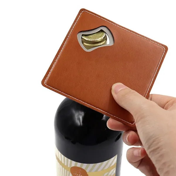 PU Leather-Wrapped Stainless Steel Can Opener Coaster