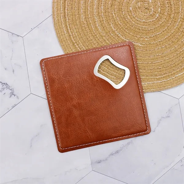 PU Leather-Wrapped Stainless Steel Can Opener Coaster