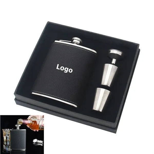 Stainless Steel Soft Touch Leather Wrap Flask Gift Set
