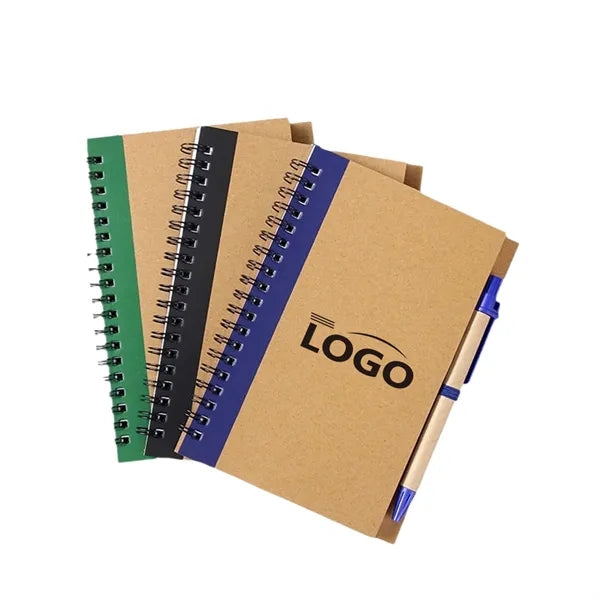 Spiral Kraft Hard Cover Notebook Journal W/Ballpoint Pen
