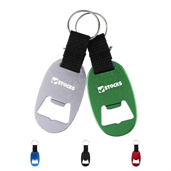 Metal Oval Bottle Opener Keychain W/ Braided Strap