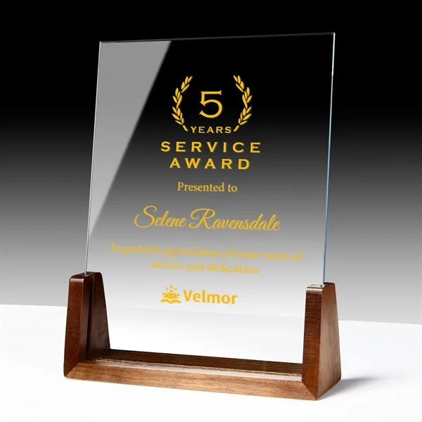Clear Glass Crystal Award Plaque With Wooden Ba