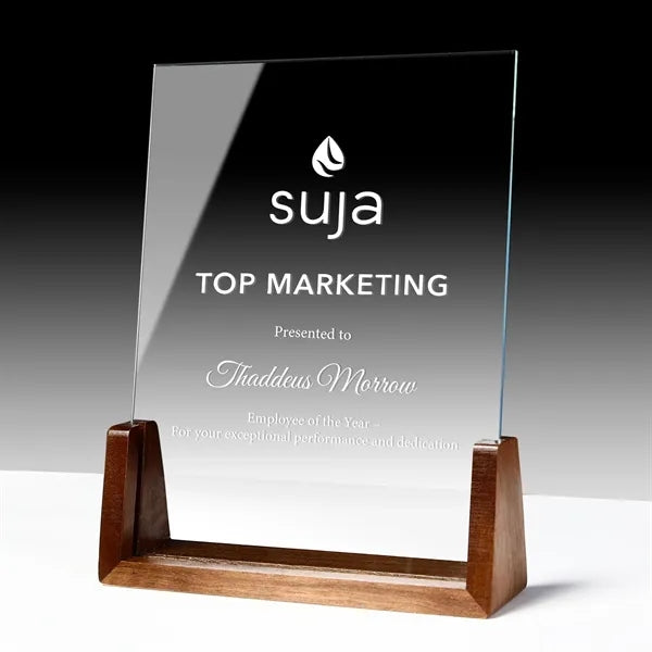 Clear Glass Crystal Award Plaque With Wooden Ba