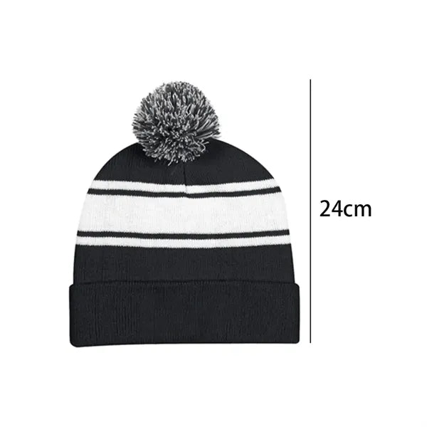 Striped Pom-Pom Knit Beanie with Fold-Up Cuff