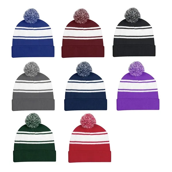 Striped Pom-Pom Knit Beanie with Fold-Up Cuff