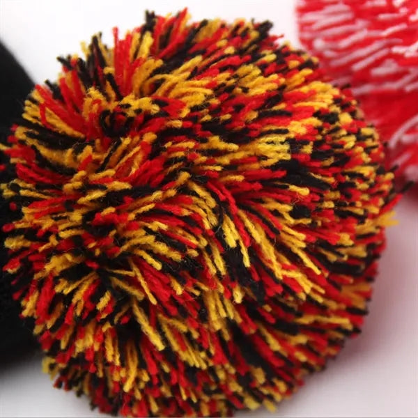 Striped Pom-Pom Knit Beanie with Fold-Up Cuff