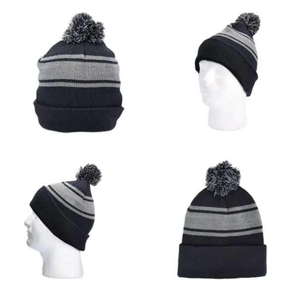 Striped Pom-Pom Knit Beanie with Fold-Up Cuff