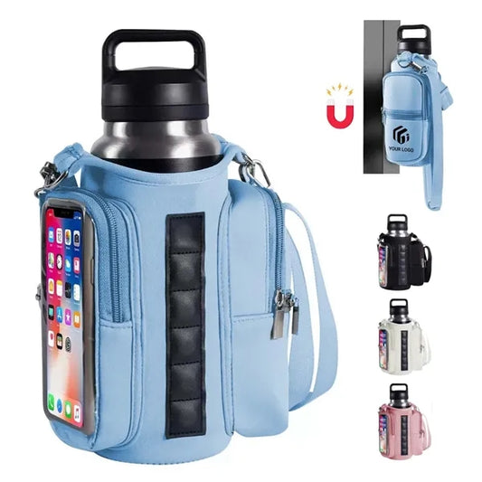 Water bottle carrier magnetic gym bag with phone pocket