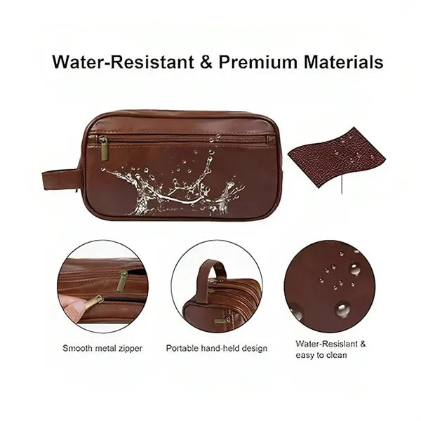 Mens Travel Toiletry Bag Leather Water Resistant