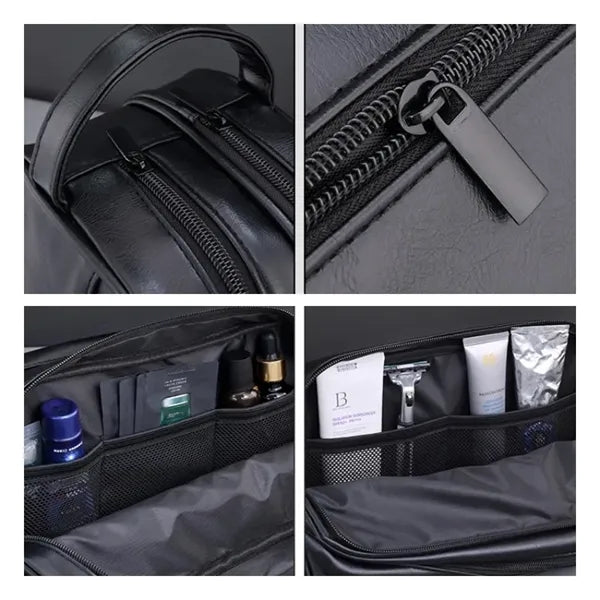 Mens Travel Toiletry Bag Leather Water Resistant