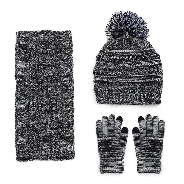 3 Pcs Knit Pom-pom Beanie Scarf Gloves Set Winter Warm Gift