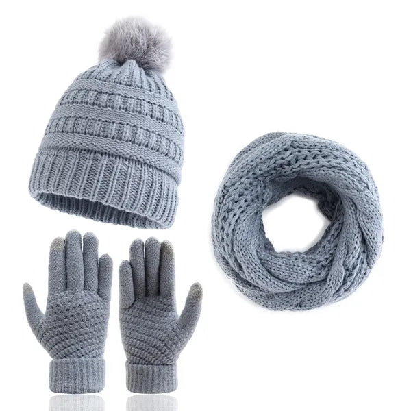 3 Pcs Knit Pom-pom Beanie Scarf Gloves Set Winter Warm Gift