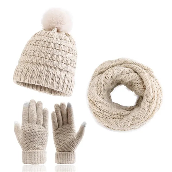 3 Pcs Knit Pom-pom Beanie Scarf Gloves Set Winter Warm Gift