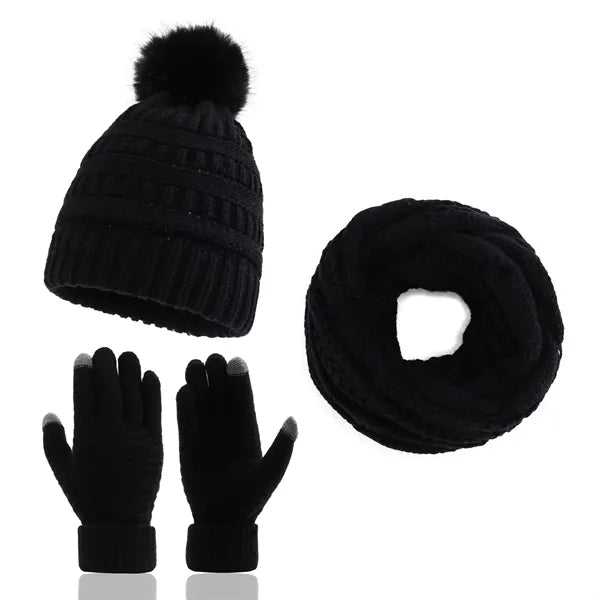 3 Pcs Knit Pom-pom Beanie Scarf Gloves Set Winter Warm Gift