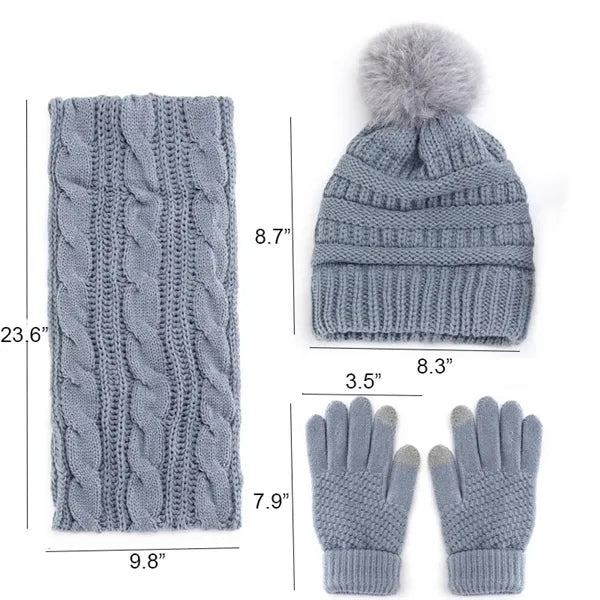 3 Pcs Knit Pom-pom Beanie Scarf Gloves Set Winter Warm Gift