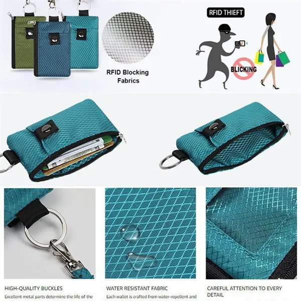 RFID-Blocking Multi-Pocket Polyester Wallet with Neck Strap