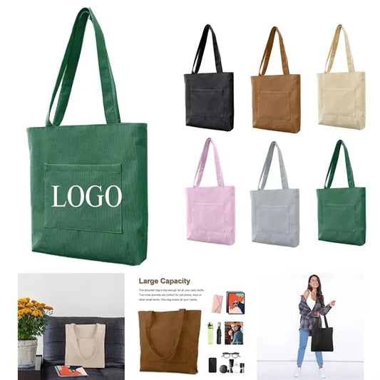 Corduroy Tote Bag with Zipper