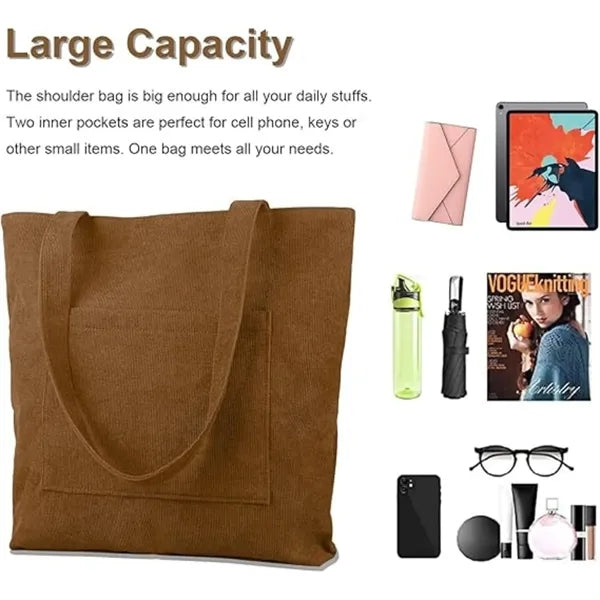 Corduroy Tote Bag with Zipper