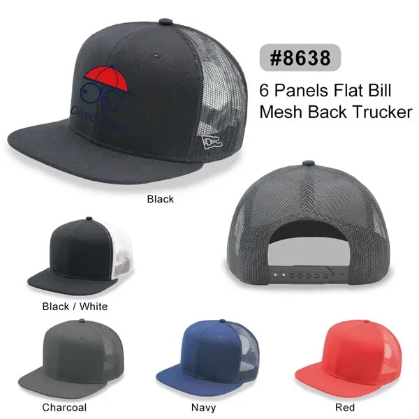 6 Panel Snapback Poly Twill Trucker Cap with Flat Bill