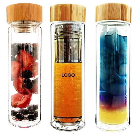 Bamboo Lid Insulated Double Wall Glass with Infuser 15 oz