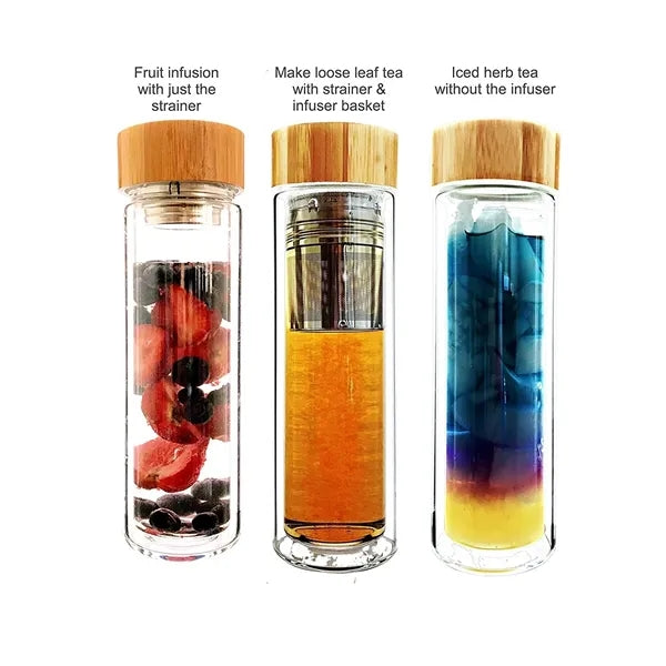Bamboo Lid Insulated Double Wall Glass with Infuser 15 oz