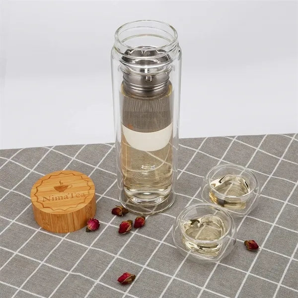 Bamboo Lid Insulated Double Wall Glass with Infuser 15 oz