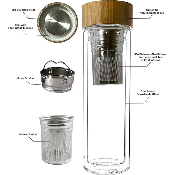 Bamboo Lid Insulated Double Wall Glass with Infuser 15 oz