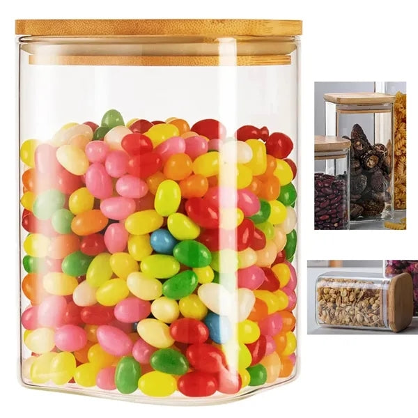 Square Glass Jars with 4" Dia Sustainable Bamboo Lids