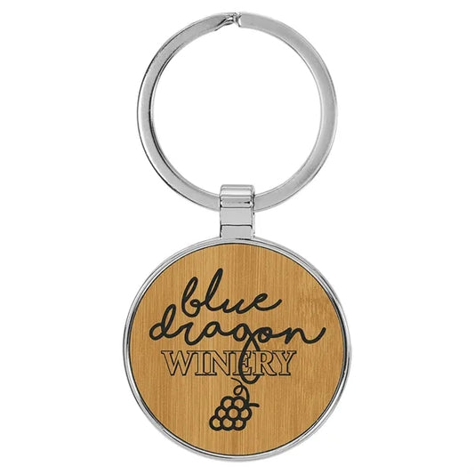 Bamboo Leatherette/Metal Round Keychain