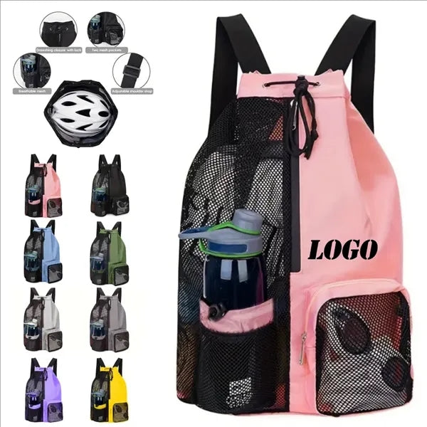 Drawstring Mesh Beach Backpack With Waterproof Pocket