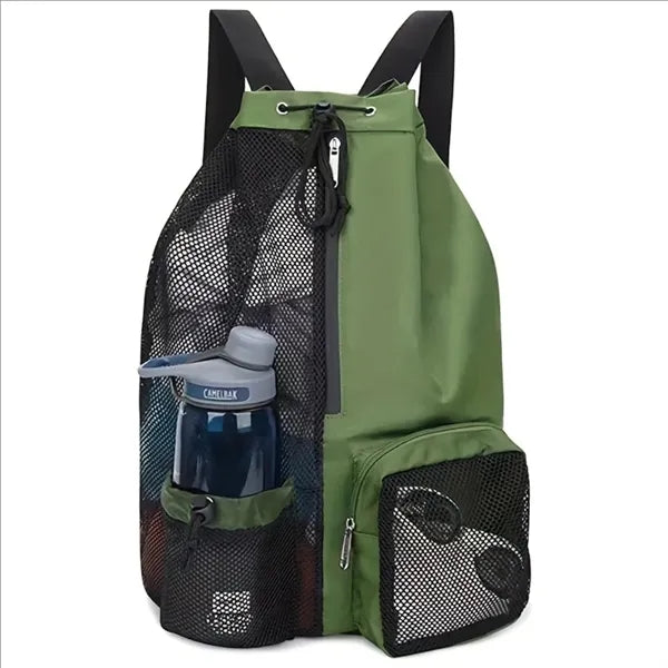 Drawstring Mesh Beach Backpack With Waterproof Pocket