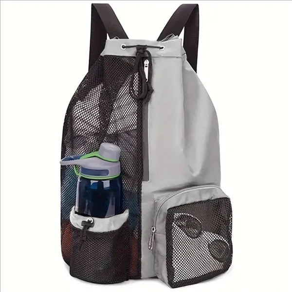 Drawstring Mesh Beach Backpack With Waterproof Pocket