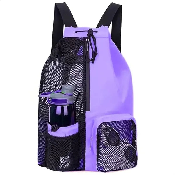 Drawstring Mesh Beach Backpack With Waterproof Pocket