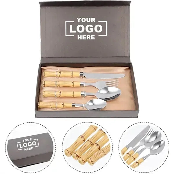 4 Piece Bamboo Stainless Steel gold Style Set Flatware gift