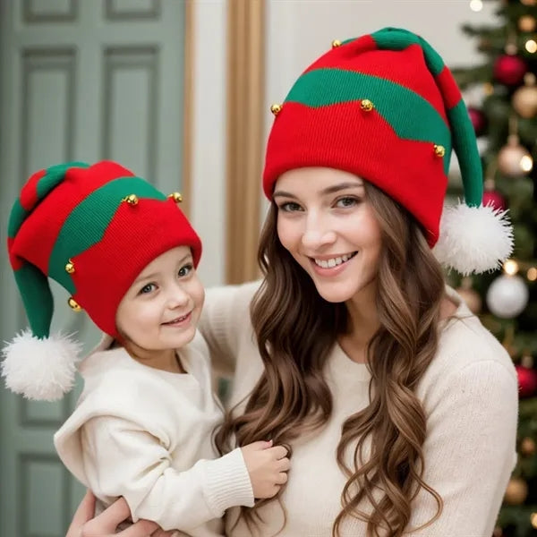 Christmas Striped Santa Hat Vintage Knitted Bells Cap