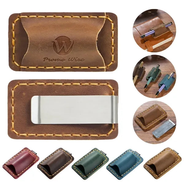 Removable Metal Clip-On Crazy Horse Leather Pen Holder