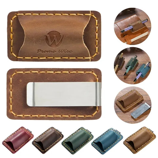 Removable Metal Clip-On Crazy Horse Leather Pen Holder