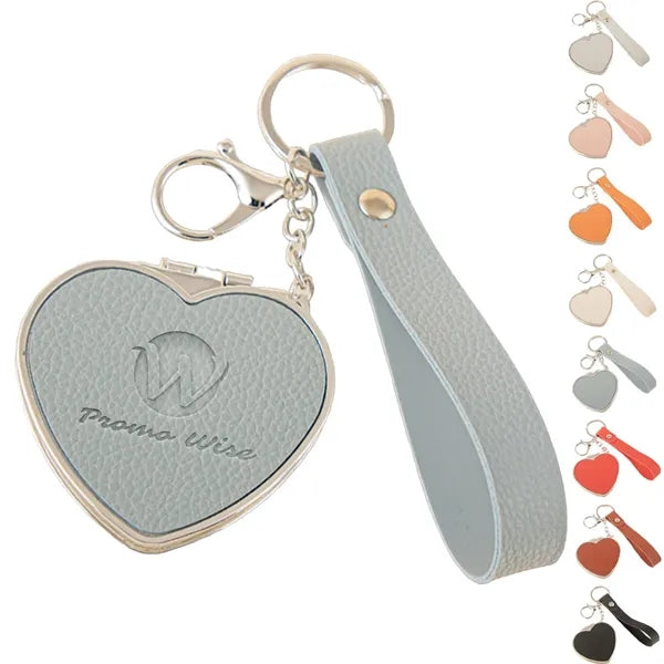 Portable Compact PU Leather Heart-Shaped Keychain Mirror