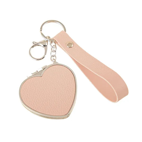 Portable Compact PU Leather Heart-Shaped Keychain Mirror