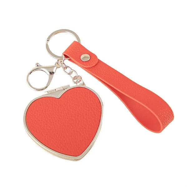 Portable Compact PU Leather Heart-Shaped Keychain Mirror