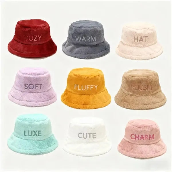 Solid color winter outdoor warm plush bucket hat