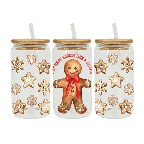 16oz Christmas Glass Cup with Bamboo Lid and Straws
