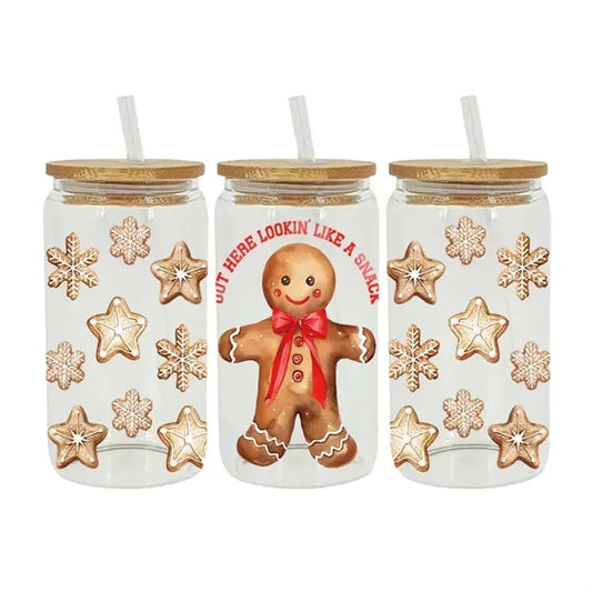 16oz Christmas Glass Cup with Bamboo Lid and Straws