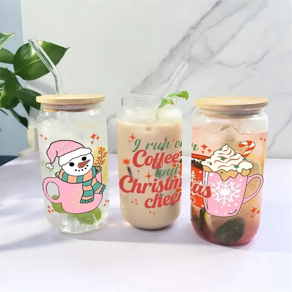 16oz Christmas Glass Cup with Bamboo Lid and Straws