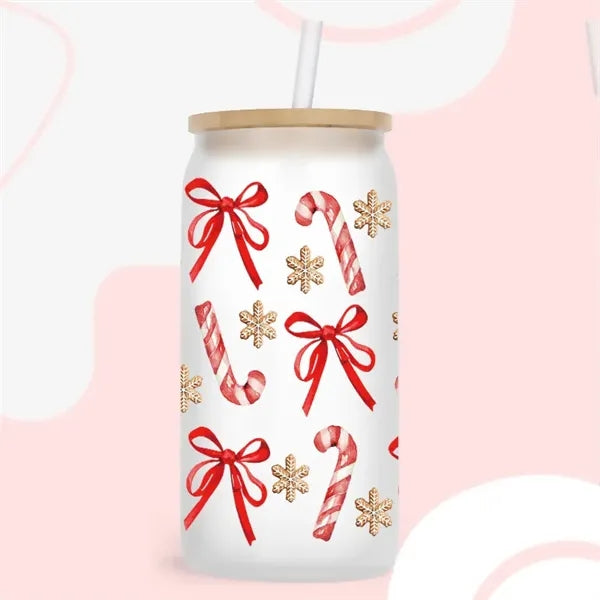 16oz Christmas Glass Cup with Bamboo Lid and Straws