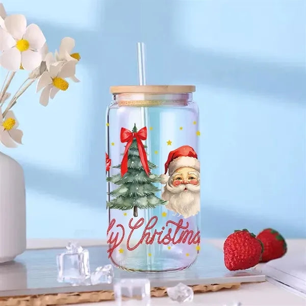 16oz Christmas Glass Cup with Bamboo Lid and Straws