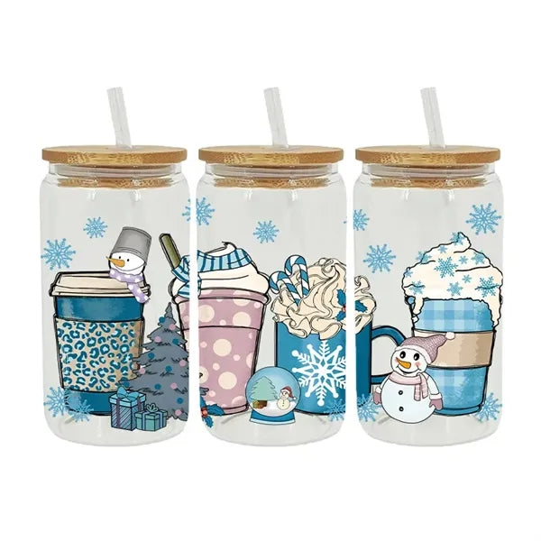 16oz Christmas Glass Cup with Bamboo Lid and Straws